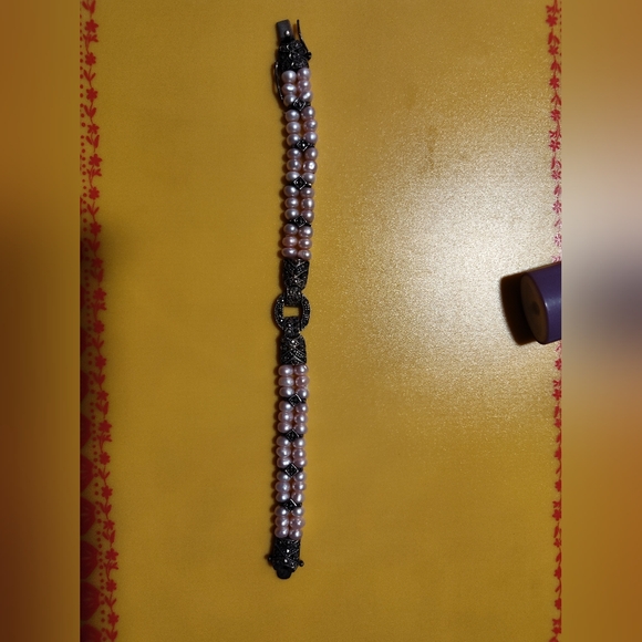 Vintage 925 double stranded pink pearl and marcasite bracelet - Picture 2 of 9